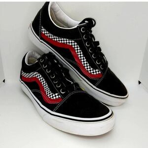 Vans Off the Wall Black Checkered Stripes w/Red Yellow Lace-up Sneakers - sz. 10